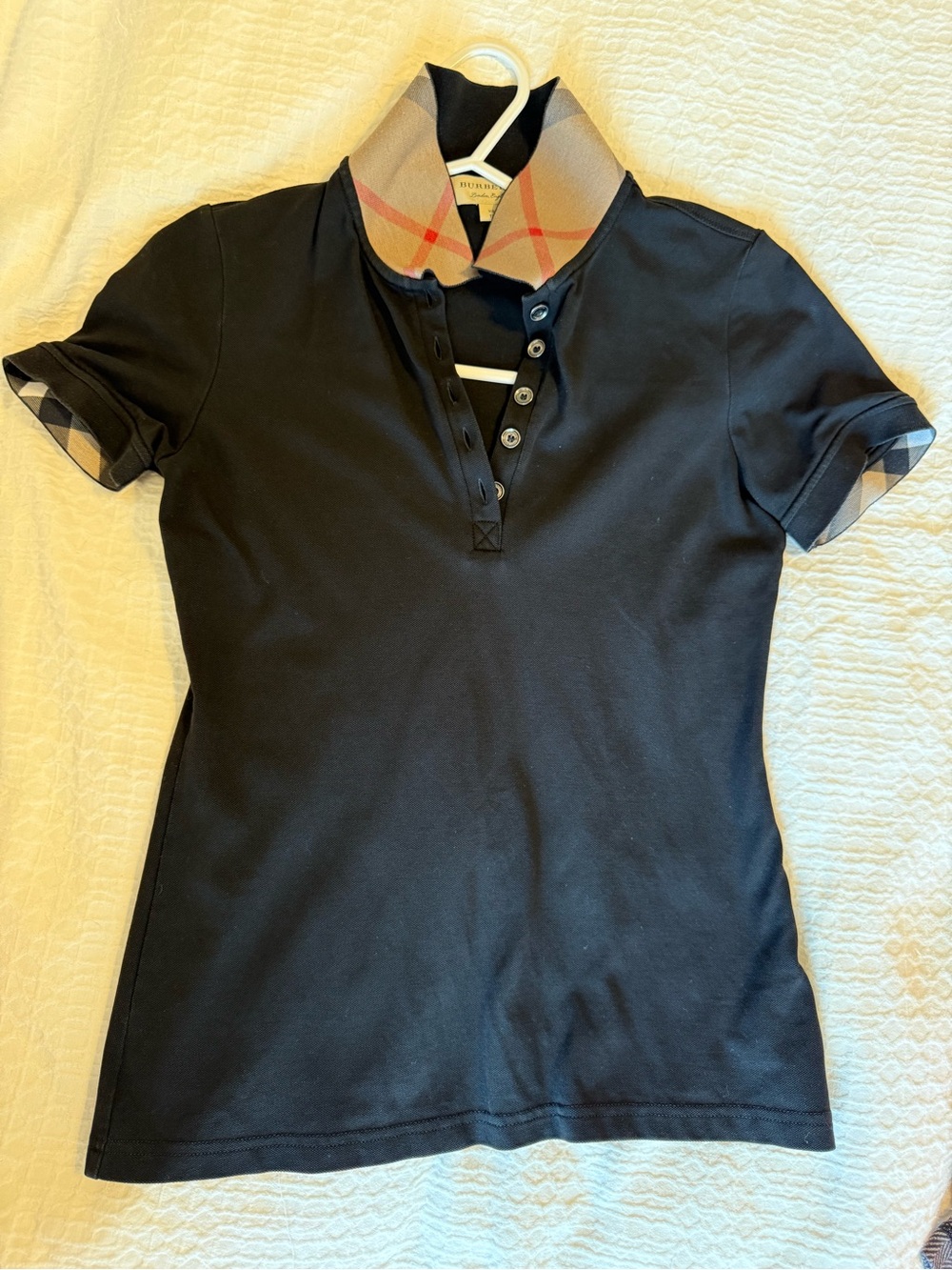 Burberry Black Short-Sleeve Crop Polo with Vintage Check Collar